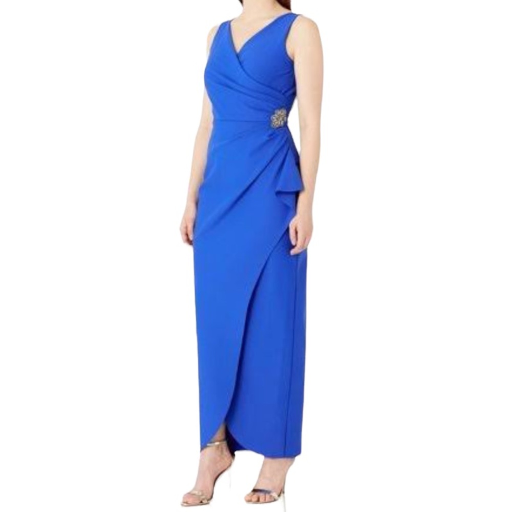 Alex Evenings Sleeveless Surplice V Neck Hip Brooch Ruched Casacade Sheath Gown